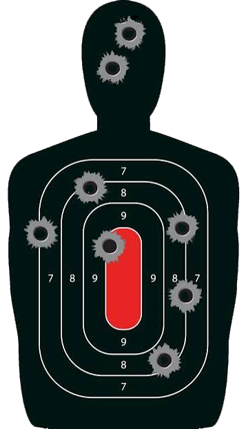 Silhouette scoring target with bullet holes